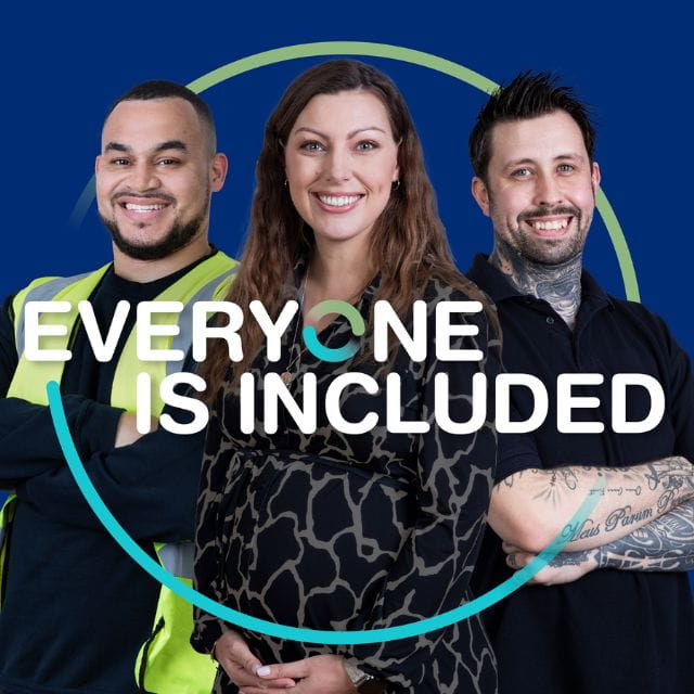 Picture of three employees with a message saying everyone is included infront of them