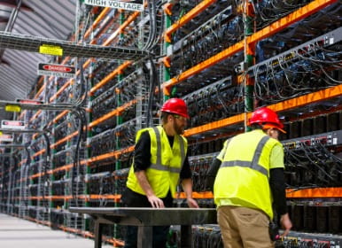 Engineers working at a data center
