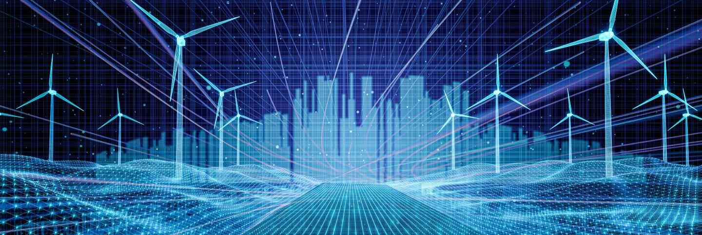 Digital style graphic showing bar chart bars and wind turbines