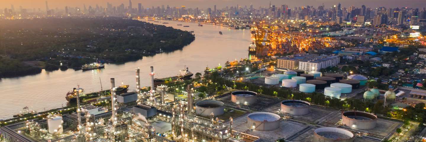Aerial view of oil refinery near city