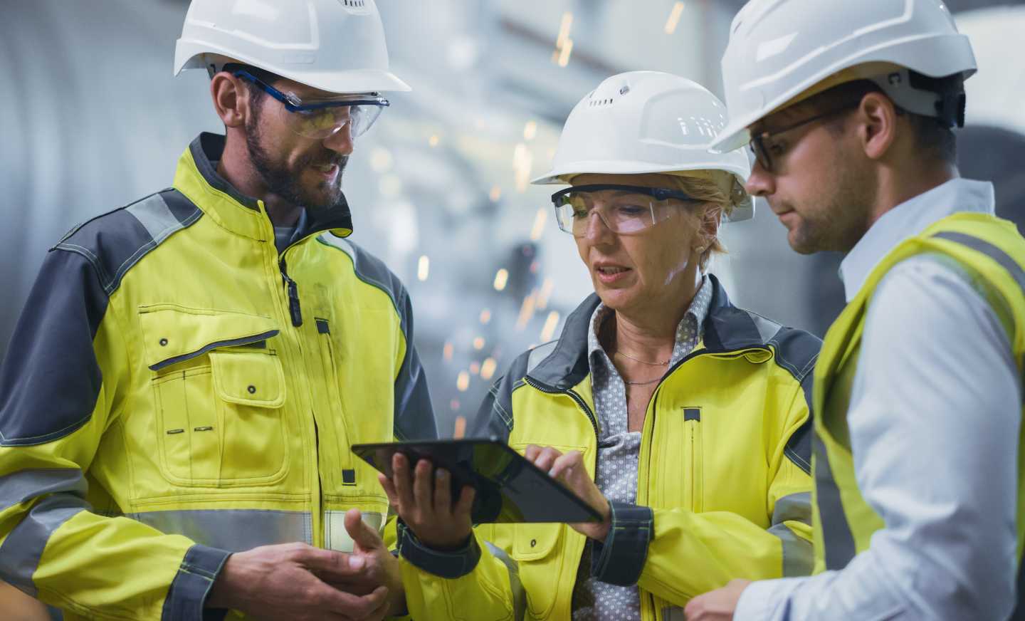 Three engineers looking at a tablet 