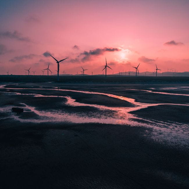 wind turbines with the sun setting in the background