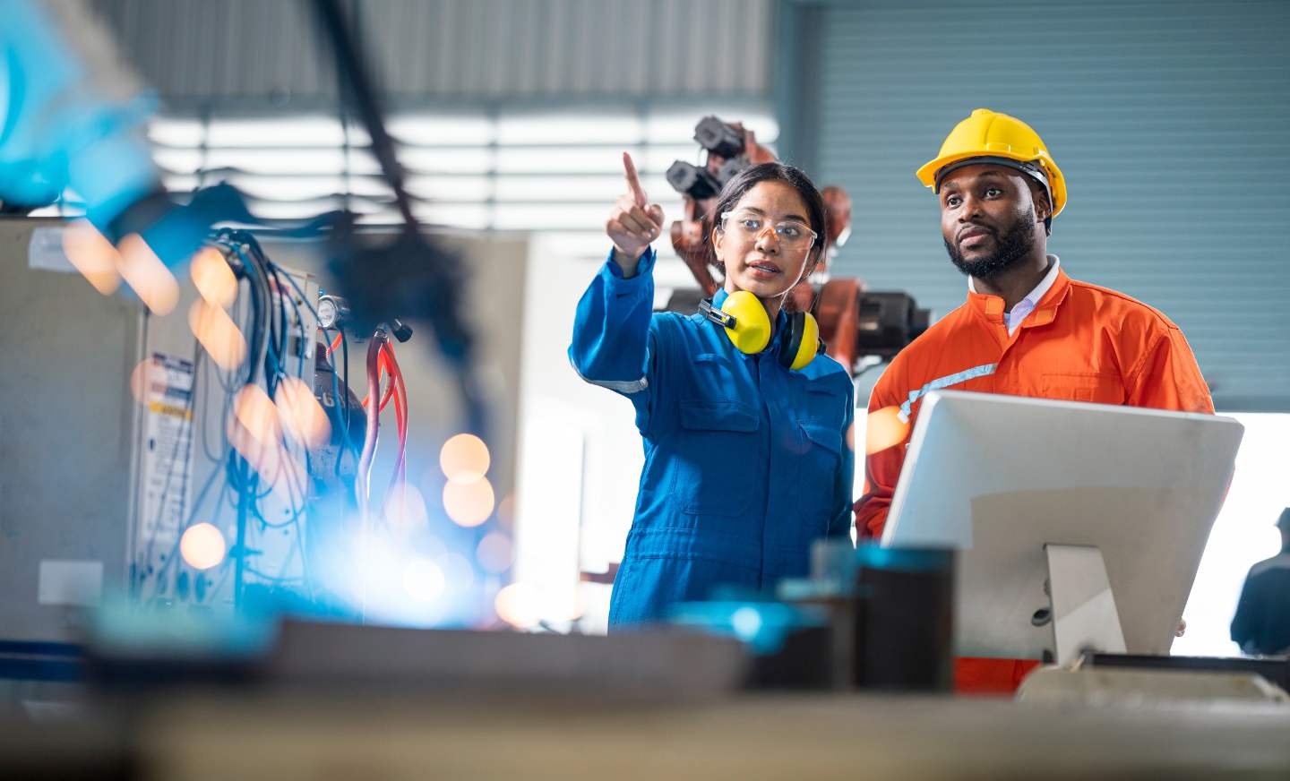 Two engineers look at a process in a factory